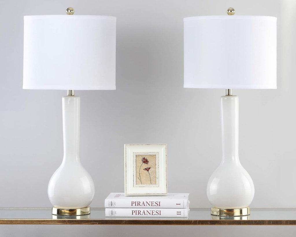 SAFAVIEH Lighting Collection Mae Long Neck Modern Contemporary White Ceramic 31-inch Bedroom Living Room Home Office Desk Nightstand Table Lamp Set of 2 (LED Bulbs Included)