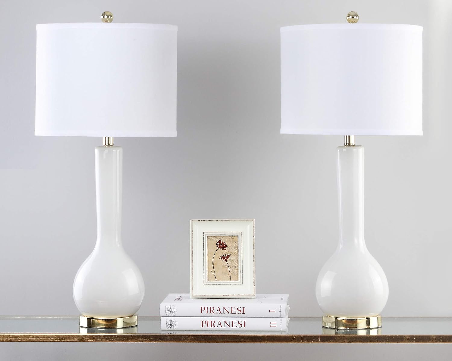 SAFAVIEH Lighting Collection Mae Long Neck Modern Contemporary White Ceramic 31-inch Bedroom Living Room Home Office Desk Nightstand Table Lamp Set of 2 (LED Bulbs Included)