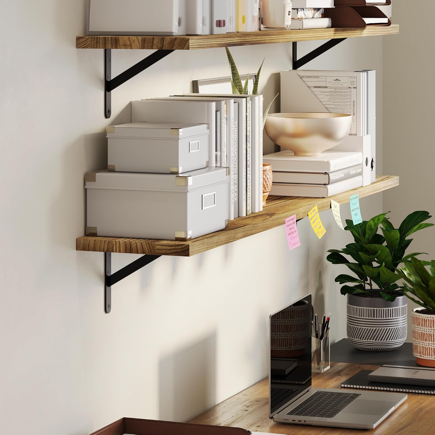 Wallniture Forme 60' x 10' Floating Shelves for Wall Decor, Rustic Wall Bookshelf, Shelves for Living Room, Office, Kitchen, Pantry Room, Floating Shelf, Set of 2, Burnt Finish, Wood