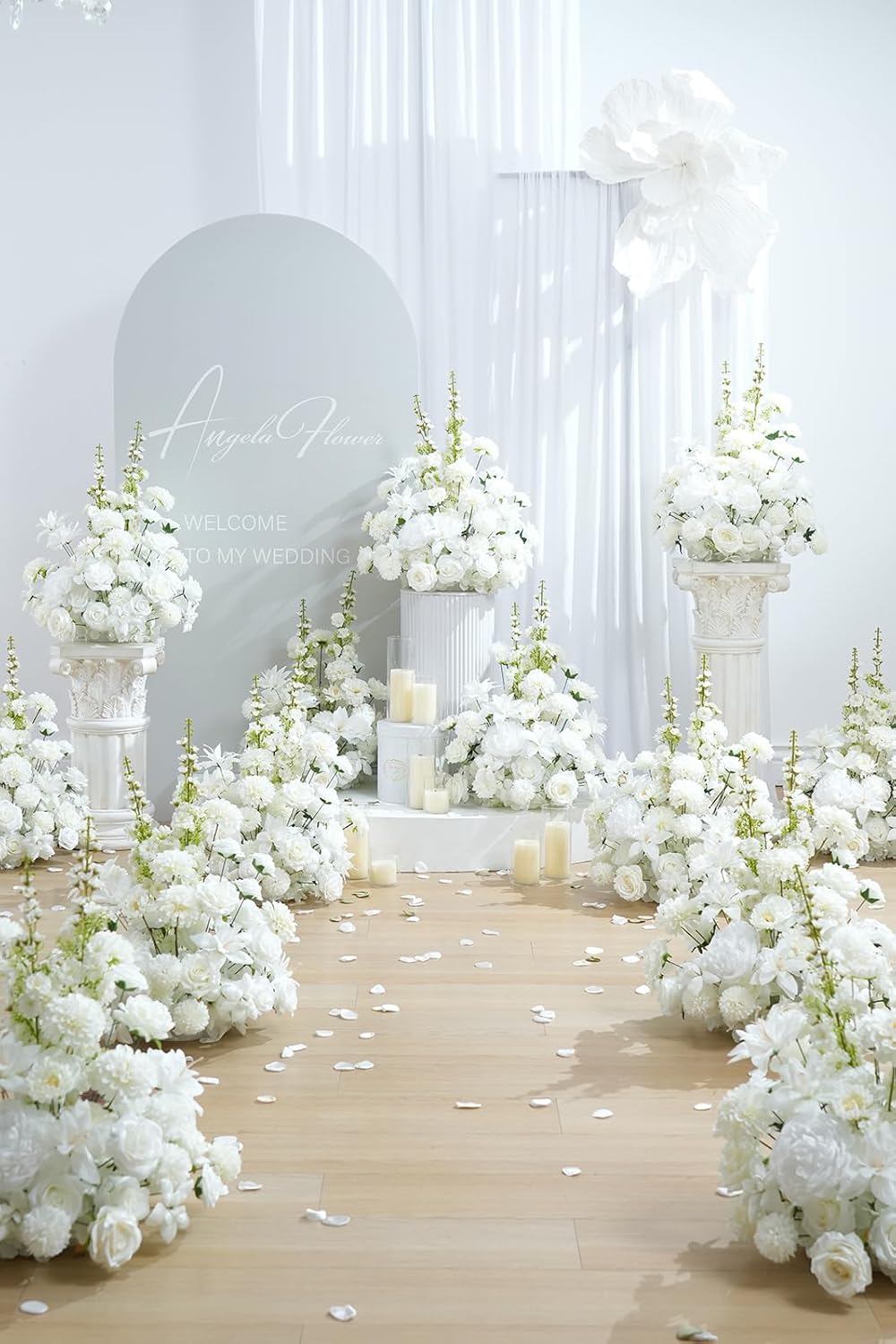 2pcs 19'' White Rose Free Standing Flowers Ball Bouquet Artificial Rose Arrangements Balls for Wedding Centerpieces Tables Chair Aisle Runner Flower Decor
