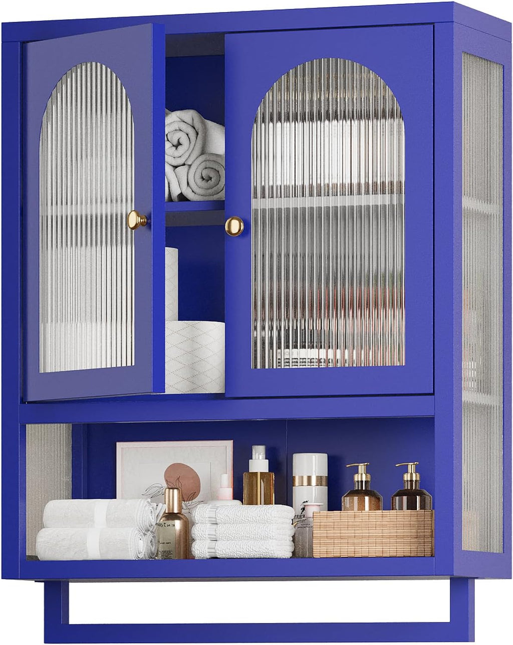 Modern Metal Wall Mount Bathroom Medicine Cabinet Above Toilet Storage with Fluted Glass Doors Towel Bar & Adjustable Shelves for Bathroom, Kitchen, Laundry Room, Dining Room, Blue