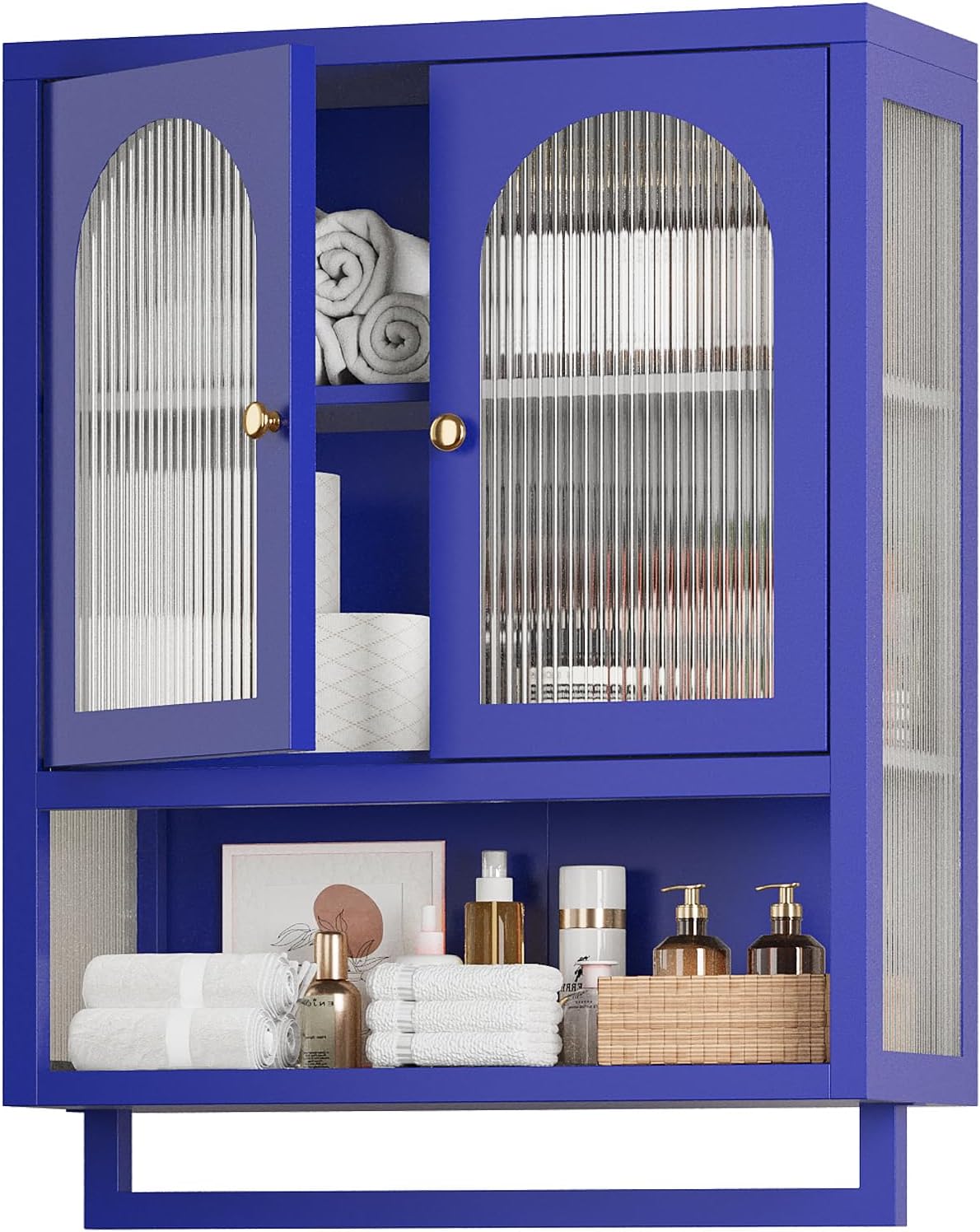 Modern Metal Wall Mount Bathroom Medicine Cabinet Above Toilet Storage with Fluted Glass Doors Towel Bar & Adjustable Shelves for Bathroom, Kitchen, Laundry Room, Dining Room, Blue