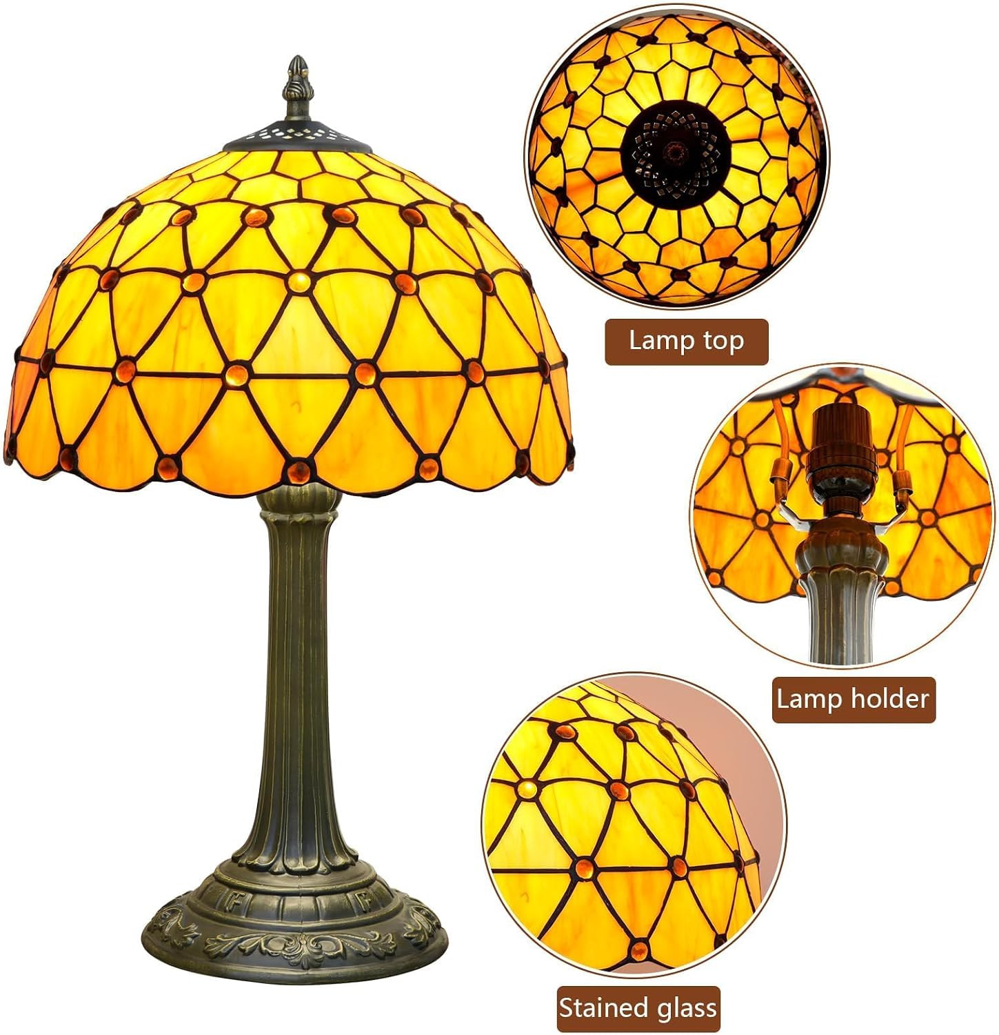 Tiffany Lamp Vintage Bead Orange Table Lamps Bedside for Bedroom Dector Stained Glass Lamps Living Room end Office Kitchen Hotel Bar Farmhouse 12 Inch Aesthetic Nightstand 70s 80s Reading Desk Light