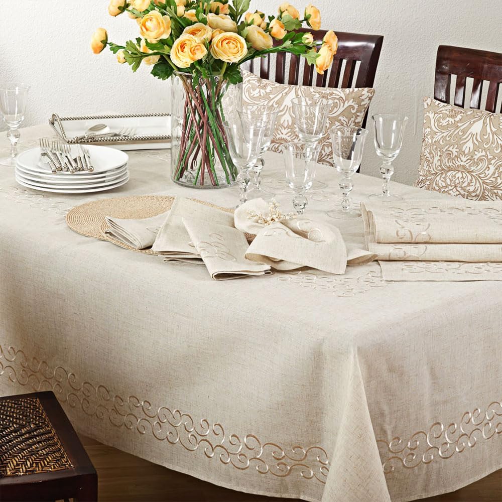 SARO LIFESTYLE Swirling Collection Design Tablecloth, 67' x 140', Natural