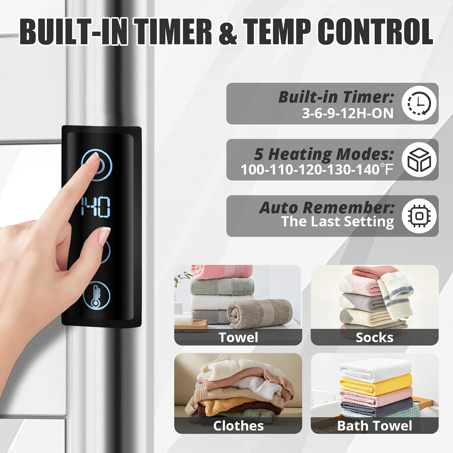 R FLORY Heated Towel Rack for Bathroom, 6 Bar Wall Mounted Towel Warmer Rack Flat with Timer & Temperature, Electric Towel Heater with LED Display Screen, Plug-in,Brushed Nickel