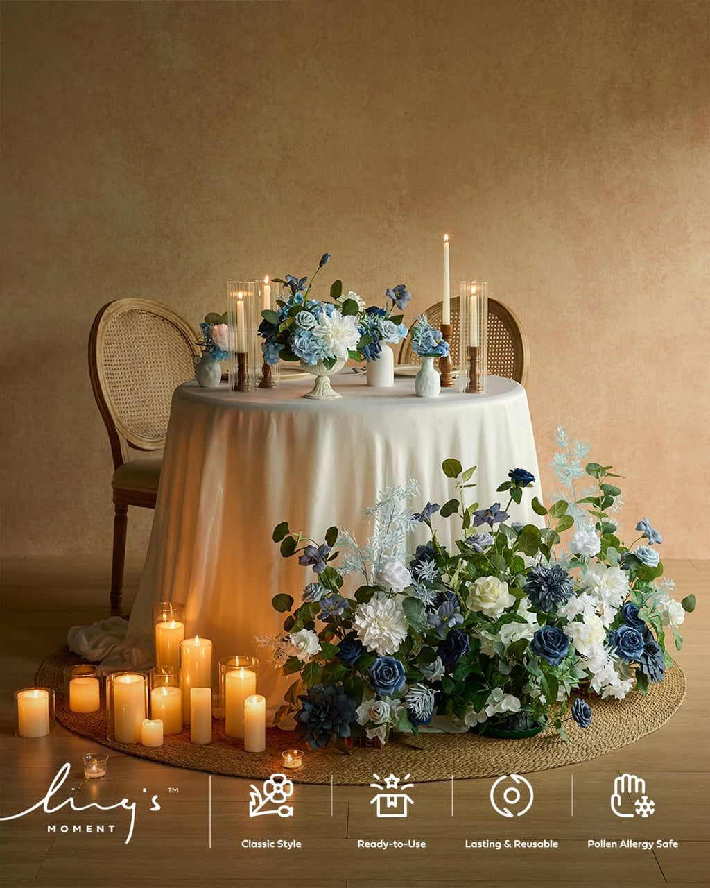 Ling's moment 41' Tall Free Standing Artificial Flowers Arrangements 2 pcs Wedding Arch Altar Stage Decorations Dusty Blue Navy for Ceremony Reception Silk Rose Fake Floral Party Outdoor Beach Decor