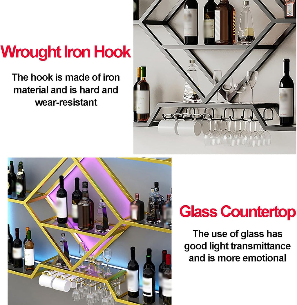 Wine Rack Wall Mounted, Floating Bar Kitchen Shelf Rack With Light Strip, Hanging Wine Glass Rack, Shelf Corner Bar Kitchen Shelf Rack, For Home Bar Dining Room Cafe Kitchen(Color:Gold,Size:120x70x20c