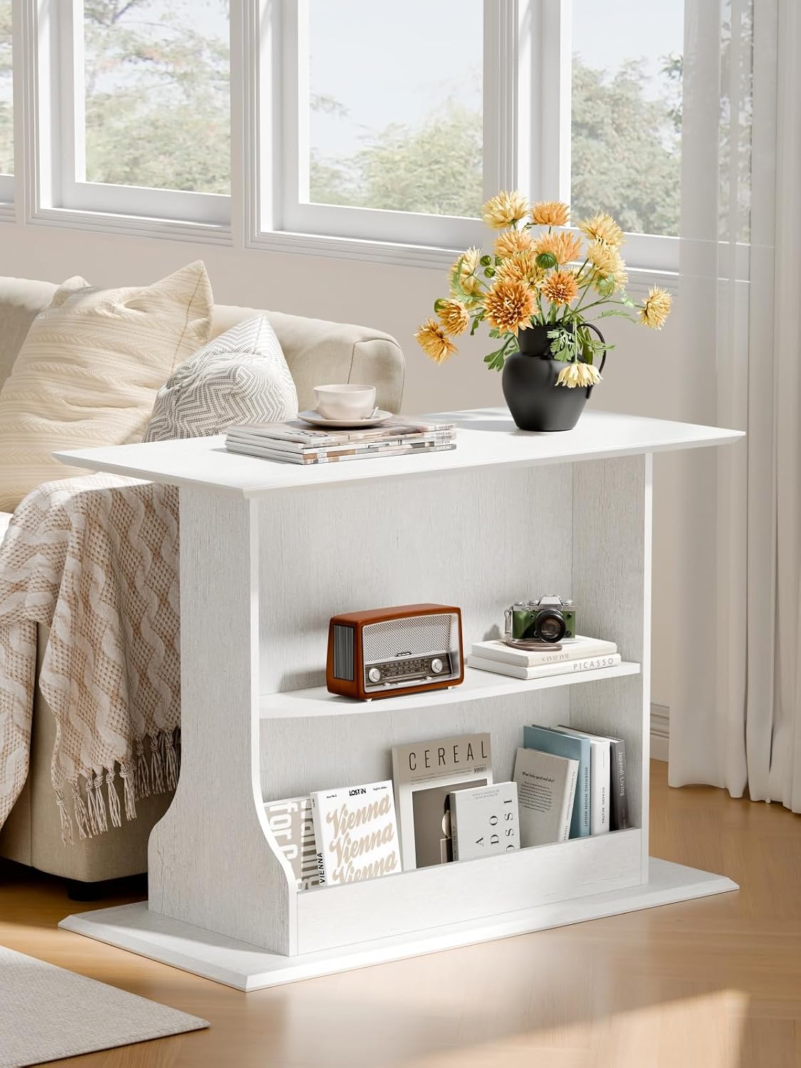 HIFYOBRO Set of 2 Skinny Side Table for Small Spaces, 24' Tall 3-Tier Slim End Table with Double-Sided Storage, Rustic White Narrow Sofa Side Table for Living Room Bedroom Office