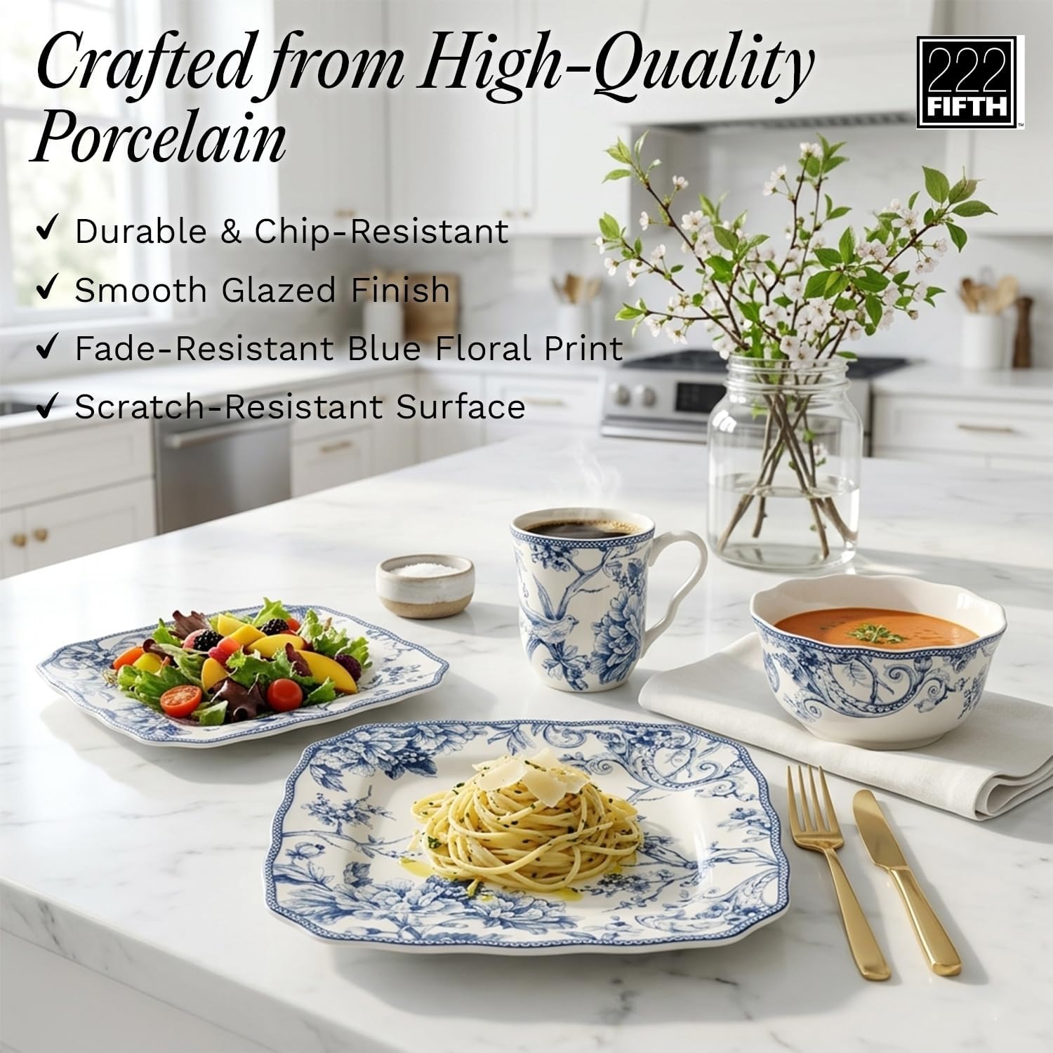 222 Fifth Adelaide Blue 16-Piece Floral Porcelain Dinnerware Set | Microwave and Dishwasher Safe Dining Set for 4 | Stackable and Chip-Resistant Plates Bowls and Cups | Gift for Housewarming & Wedding