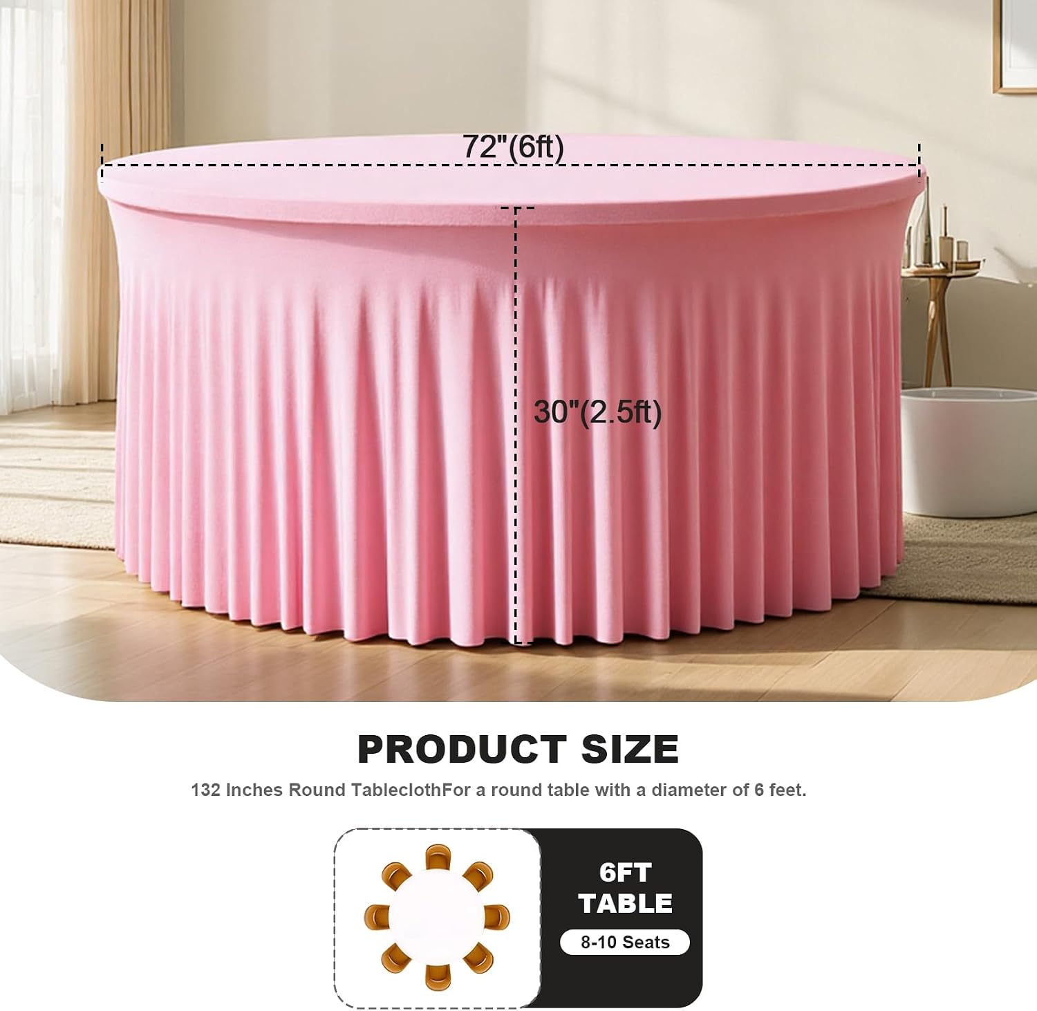 6 Pack Pink 72 inch Round Spandex Tablecloth,Wrinkle-Free Stretchy Fitted 6FT Round Tables,Elastic Edge with Skirt,Washable Tablecloths for Wedding Banquet Party Birthday Buffet