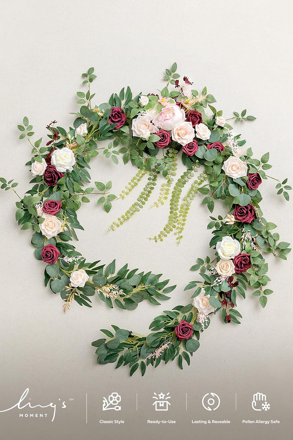 Ling's moment 9FT Spring Flower Garland - Wedding Arch Flowers, Eucalyptus & Rose, Artificial Floral Garland for Mantle - Sweetheart Table Decor for Reception, Backdrop Decorations, Marsala