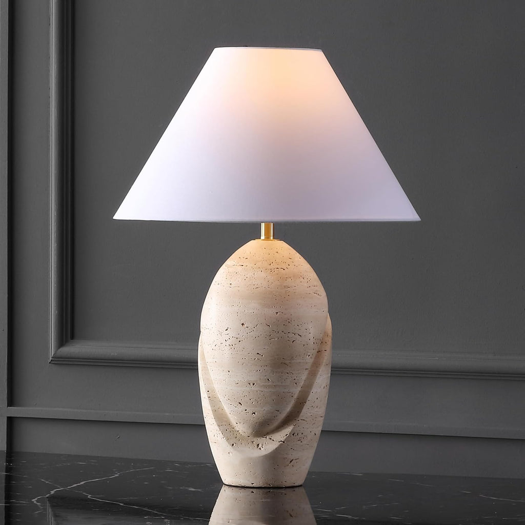 SAFAVIEH Couture Lighting Collection Janette Travertine/White 25-inch Table Lamp for Bedroom Living Room Home Office Desk Nightstand (LED Bulb Included)