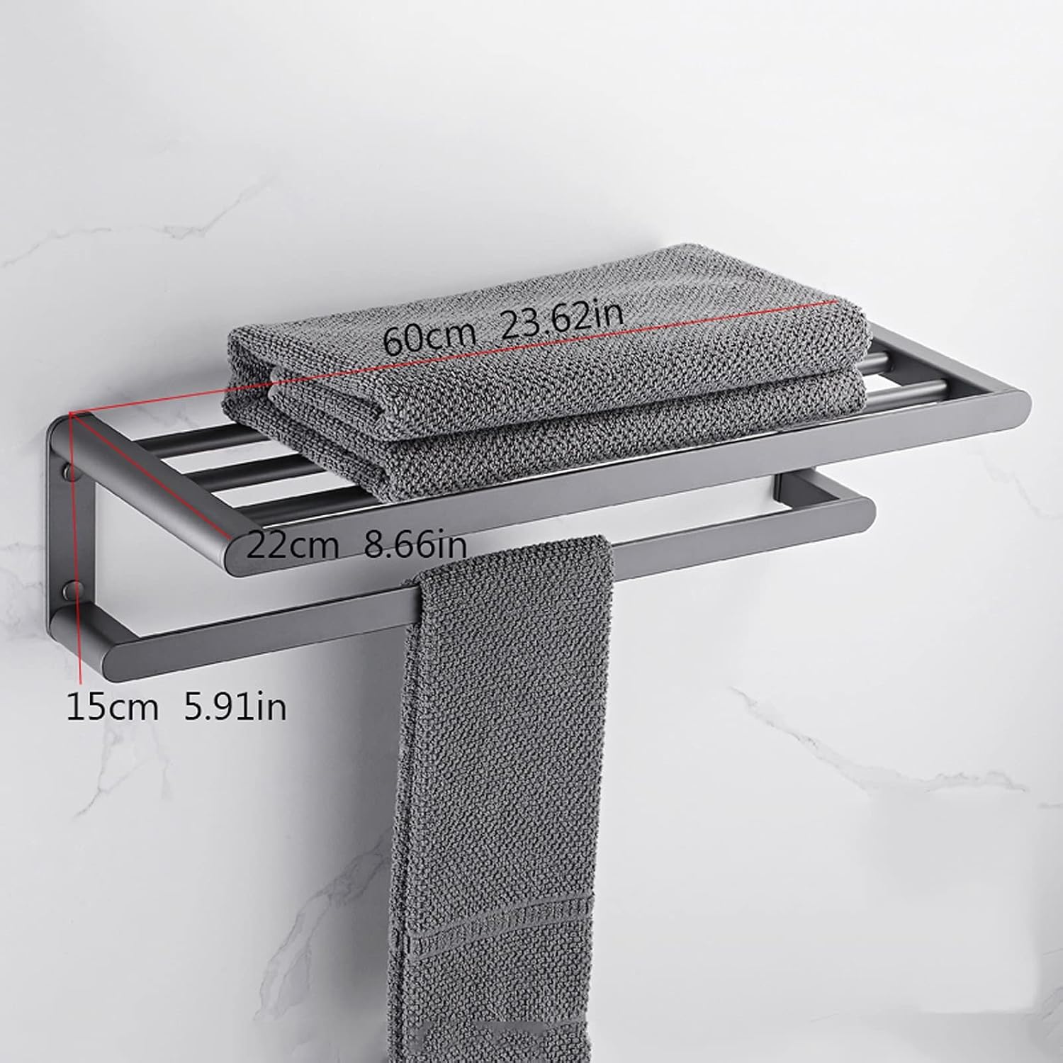 Bathroom Shelf Wall Floating Bathroom Bathroom Towel Rack 23.6 Inches Wall Mounted Double Towel Holder，Wall Mounted Multifunctional Double Towel Bars，Gray Floating Shelves Corner Shower Caddy