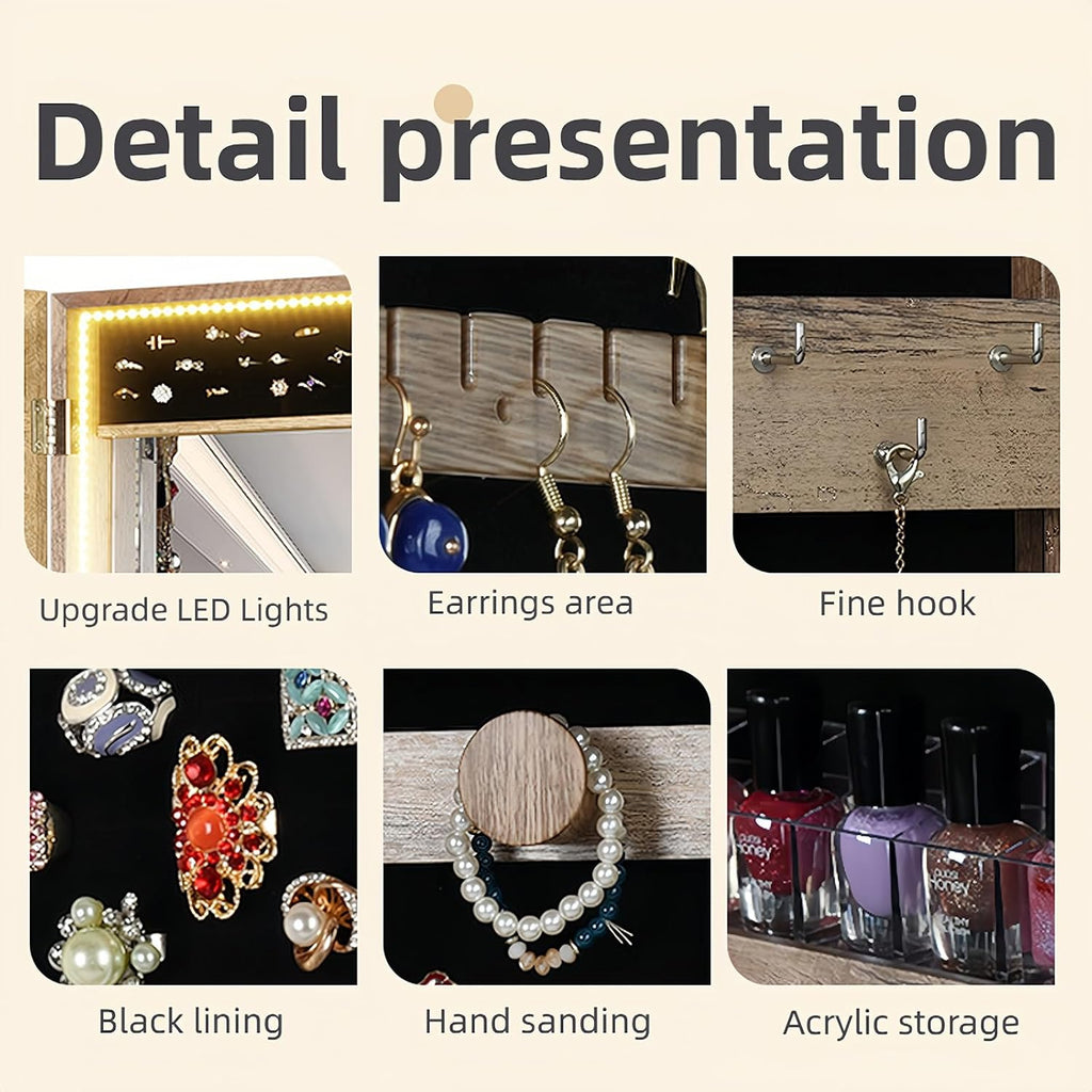 LED Lights Jewelry Cabinet, Door Hanging/Wall Mounted Jewelry Armoire, Lockable Cosmetics Organiser, Easy Assembly, Valentines Gifts