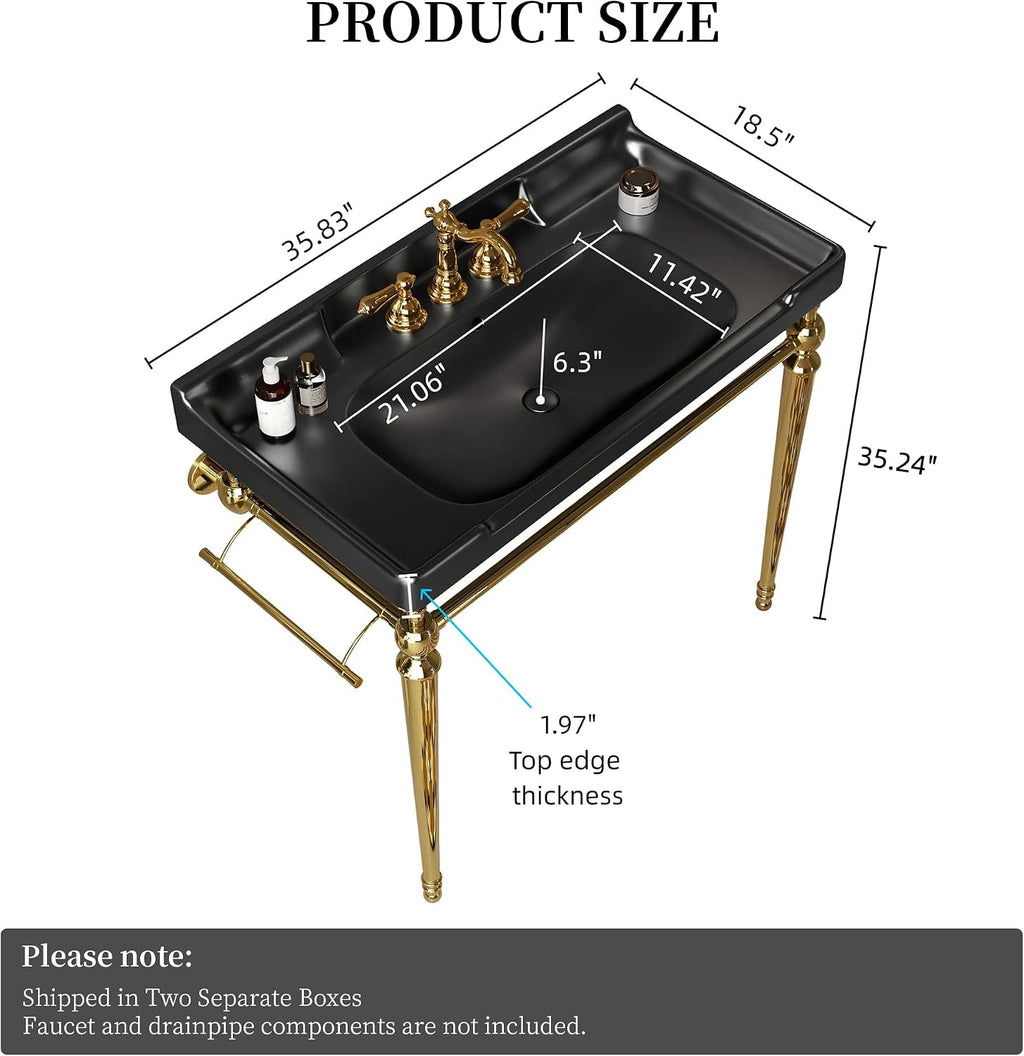 Yayzy 36' Bathroom Vanity with Black Ceramic Sink, Wall-Mounted Console Style, Gold-Finish Stainless Steel Legs & Towel Bar, 3 Faucet Holes, No Faucet