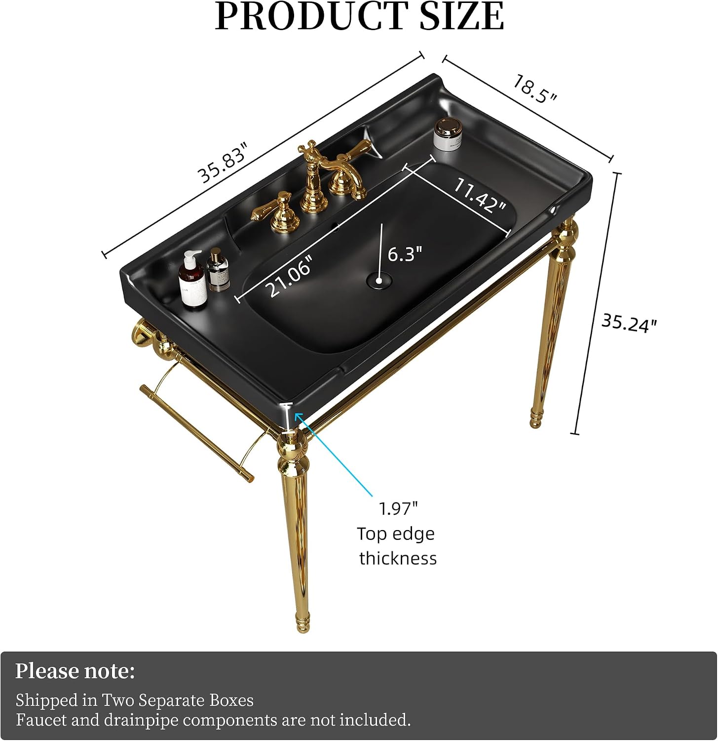 Yayzy 36' Bathroom Vanity with Black Ceramic Sink, Wall-Mounted Console Style, Gold-Finish Stainless Steel Legs & Towel Bar, 3 Faucet Holes, No Faucet