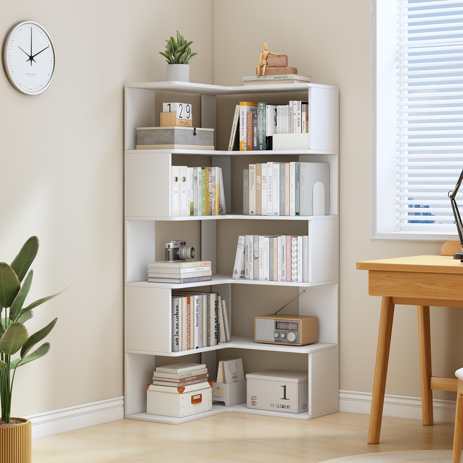 IOTXY 6-Tier L-Shaped Corner Bookshelf - 66' Tall Wooden Freestanding Bookcase with Open Shelf Units, White