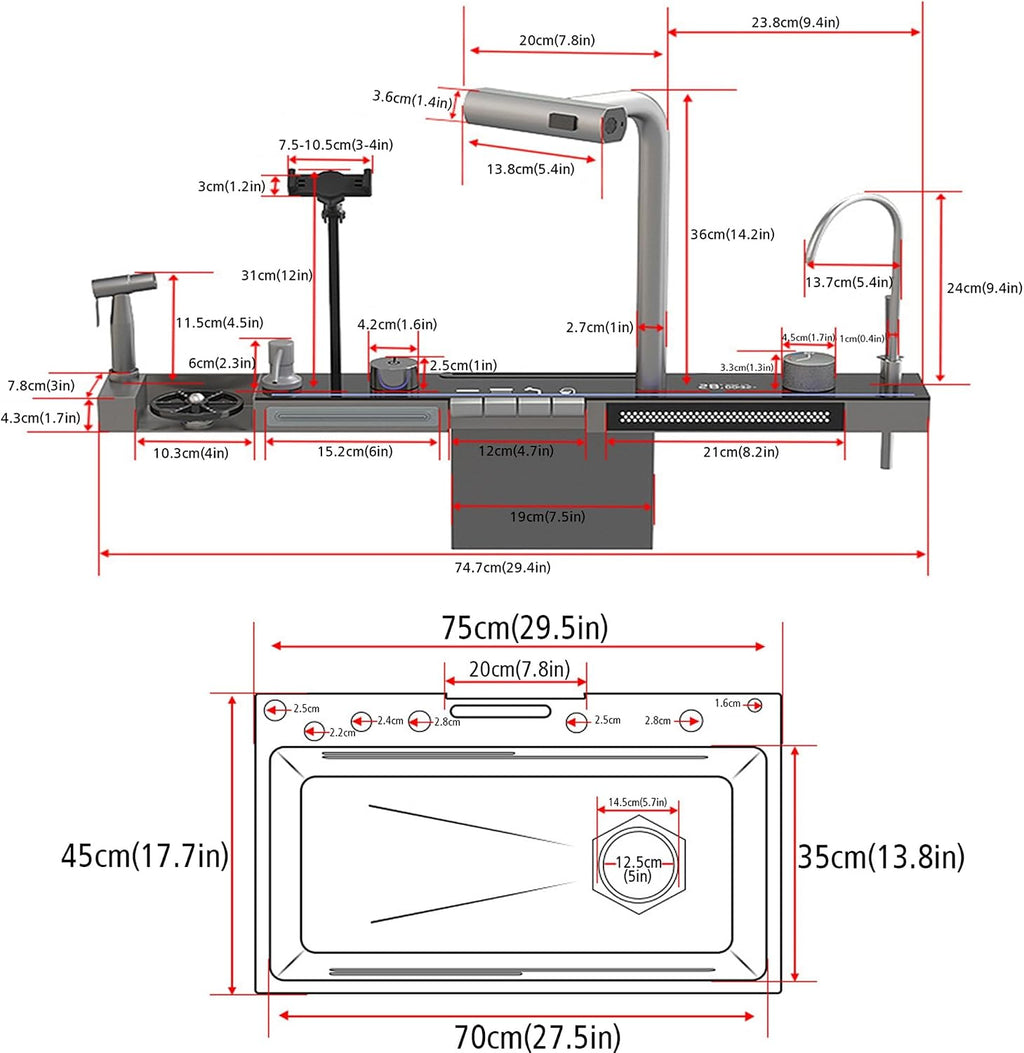 JATIBOSH Double Waterfall Single Bowl Sink LED Temperature Display, Drop-in Farmhouse Deep Stainless Steel Sink with Integrated Multifunctional Faucet