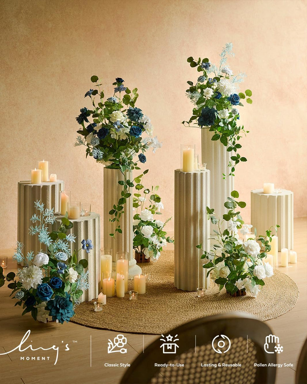 Ling's moment 41' Tall Free Standing Artificial Flowers Arrangements 2 pcs Wedding Arch Altar Stage Decorations Dusty Blue Navy for Ceremony Reception Silk Rose Fake Floral Party Outdoor Beach Decor