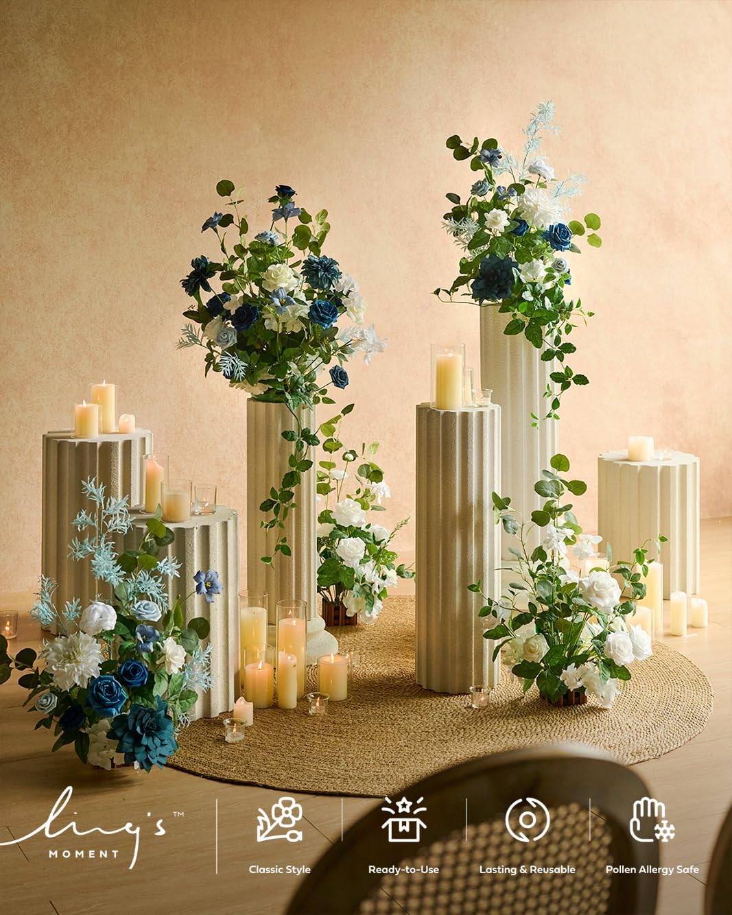 Ling's moment 41' Tall Free Standing Artificial Flowers Arrangements 2 pcs Wedding Arch Altar Stage Decorations Dusty Blue Navy for Ceremony Reception Silk Rose Fake Floral Party Outdoor Beach Decor