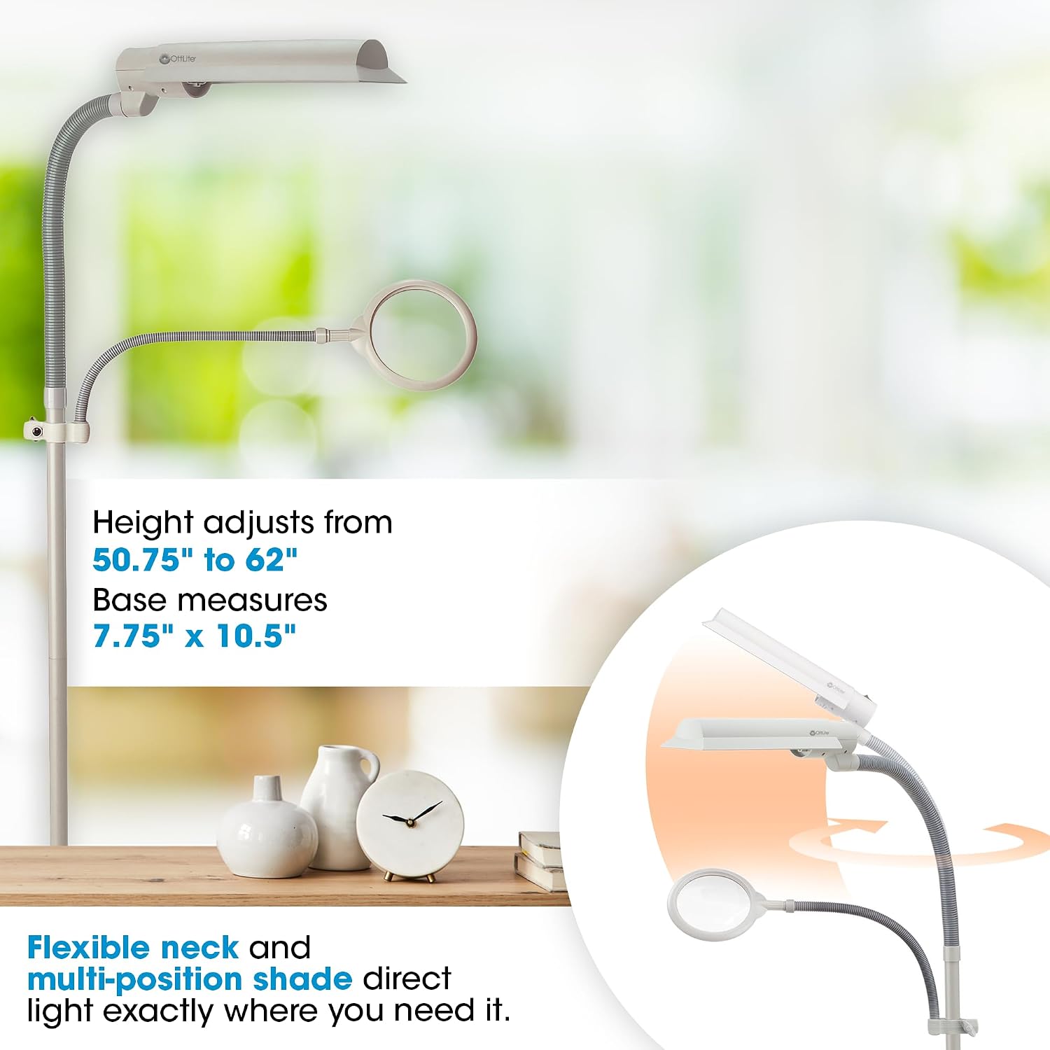 OttLite 18w EasyView Standing Floor Lamp with Optical Grade 3X Magnifier Attachment Arm & Flexible Neck - Wide Wing Shade with Modern Design for Crafting, Work, Office, Dorm Room, Sewing & Reading
