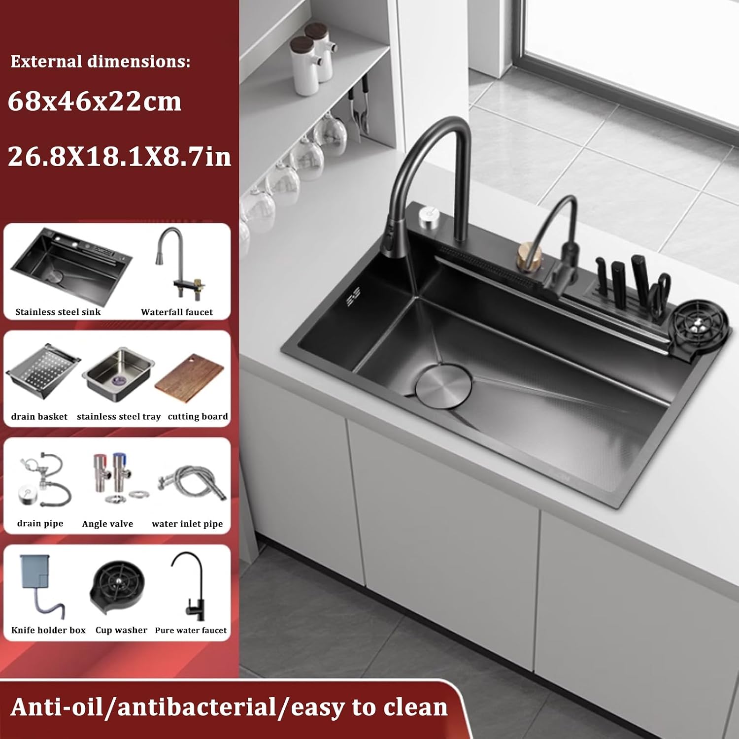 Single Bowl Sink,Stainless Steel Sink,Waterfall Faucet Black Sink with Knife Holder for Restaurant Home Bar Hotel (One Color-68x46x22cm
