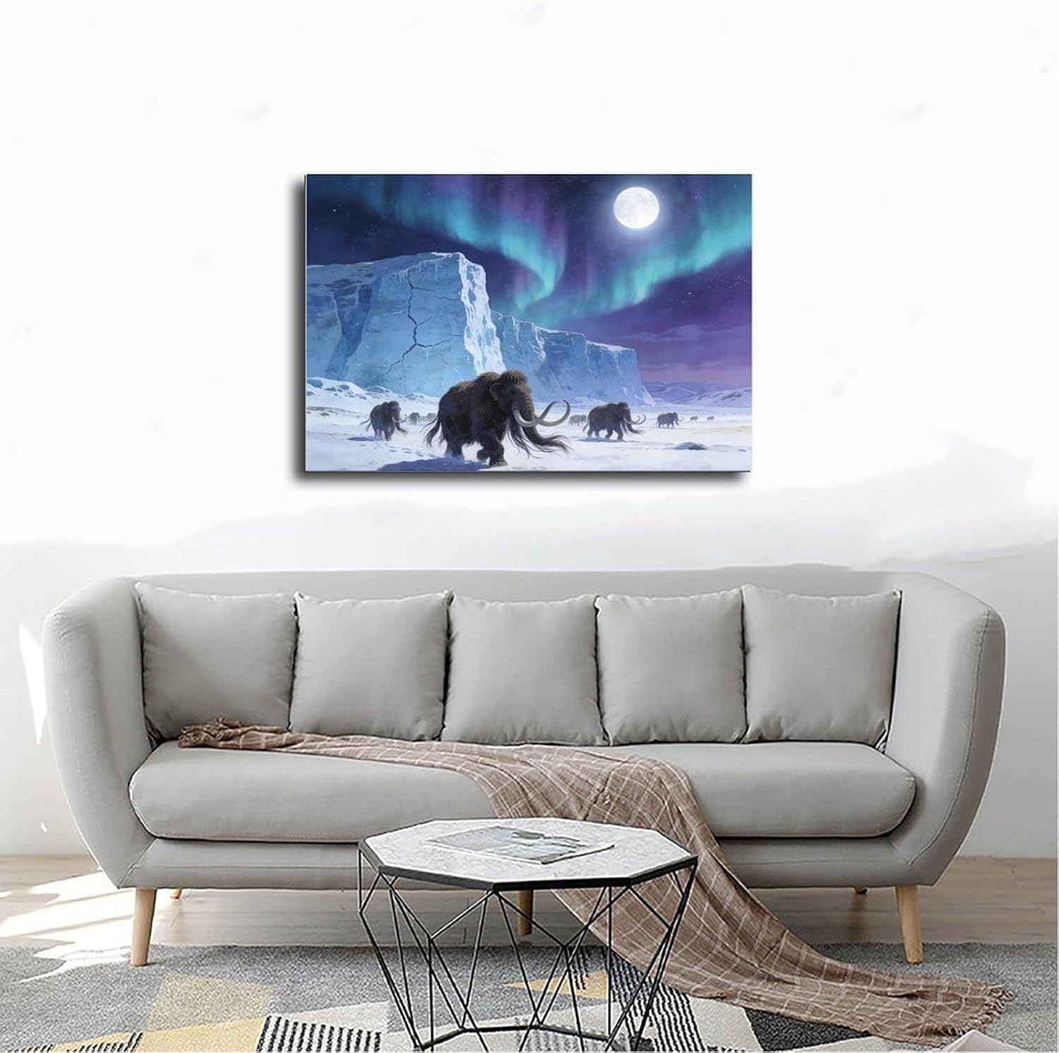 Aurora Mammoth Wall Art Print, Ice Age Prehistoric Scene Under Northern Lights And Full Moon, Fantasy Winter Poster 24x36inch(60x90cm)