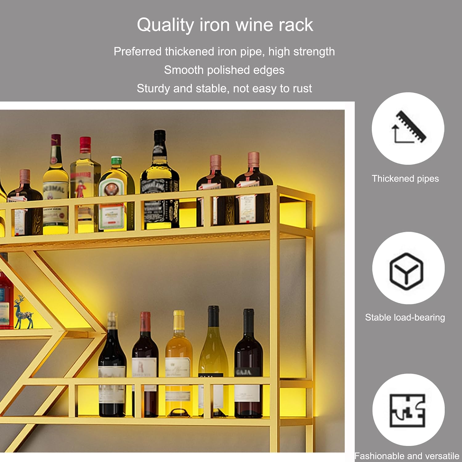 Wall Wine Rack Bar Shelves Liquor Shelf Wall Mounted with LED Light Diamond Shaped 3 Tier with Wine Glass Holder for Liquor Bottles for Home Bar Dining Room Kitchen(Black-Blue Light,200cm(79in))