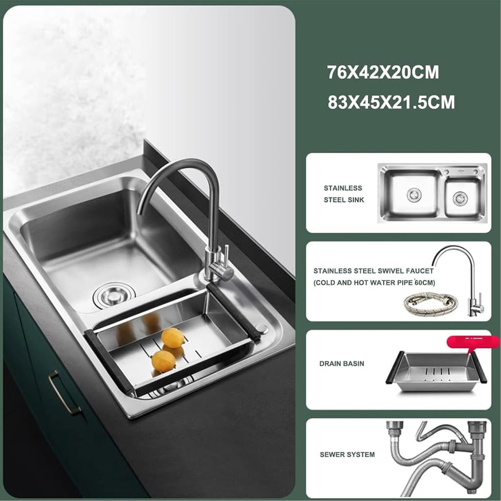 Kitchen Sinks Large Capacity Kitchen Sink Kitchen Stainless Steel Sink Kitchen Double Bowl Sink Restaurant Sink and Faucet (76 * 42 * 20Cm