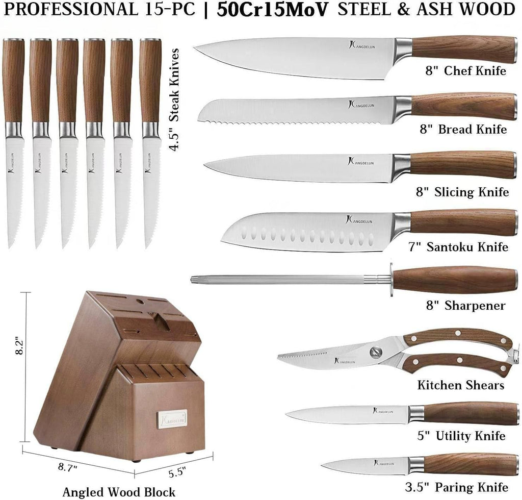 Kangdelun Ultra Sharp 15-Piece Knife Set, 50Cr15MoV High-Carbon Stainless Steel, Torrefied Brown Ash Wood Handles, Angled Dark Brown Wood Block, Easy Hand Wash, Gift Box