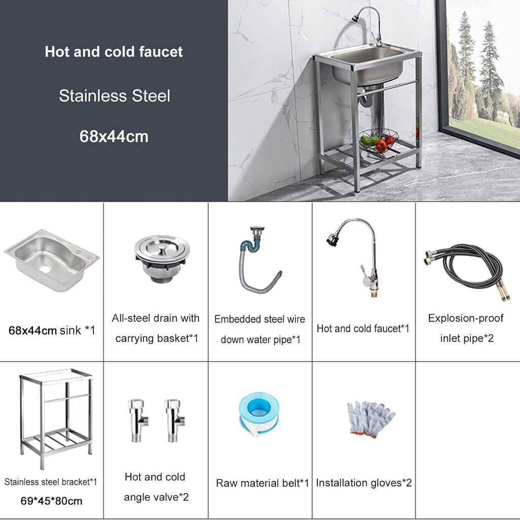 Commercial Stainless Steel Single Bowl Sink Freestanding Kitchen Sink with Faucet and Storage Shelves Restaurant Utility Sink Washing Hand Basin