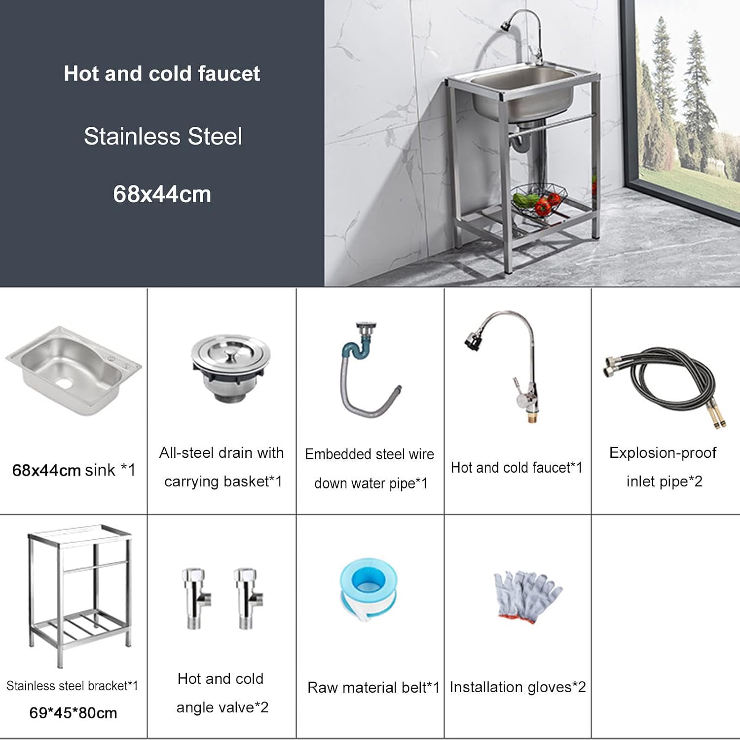 Commercial Stainless Steel Single Bowl Sink Freestanding Kitchen Sink with Faucet and Storage Shelves Restaurant Utility Sink Washing Hand Basin