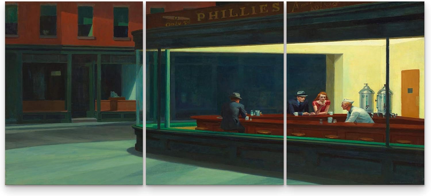 Niwo ART - Nighthawks, World's Most Famous Paintings Series, Canvas Wall Art Home Decor, Gallery Wrapped, Stretched, Framed Ready to Hang (30'x20'x1.5', 3pcs)