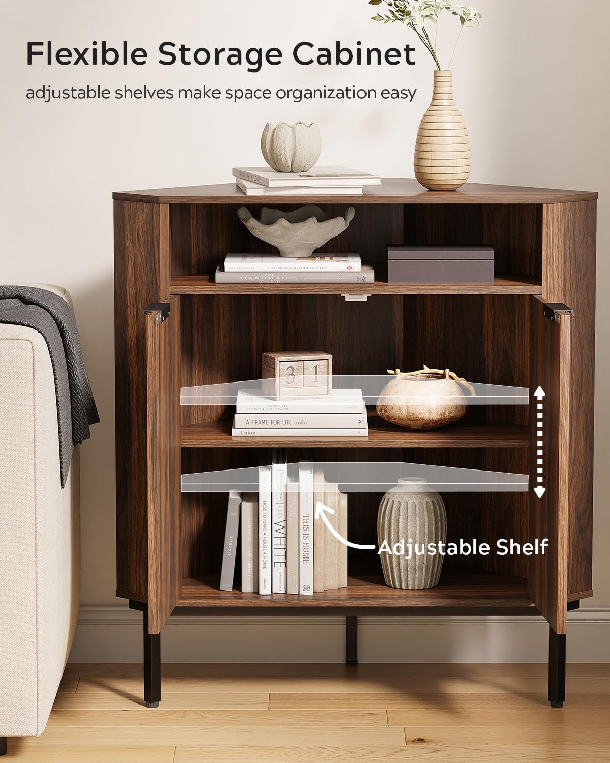 EYYTHUNG Fluted Corner Cabinet with Open Storage, Modern Small Corner Floor Cabinet with 2 Doors & Adjustable Shelf, Wooden Narrow Storage Organizer for Small Space,Living Room, Dining Room, Brown
