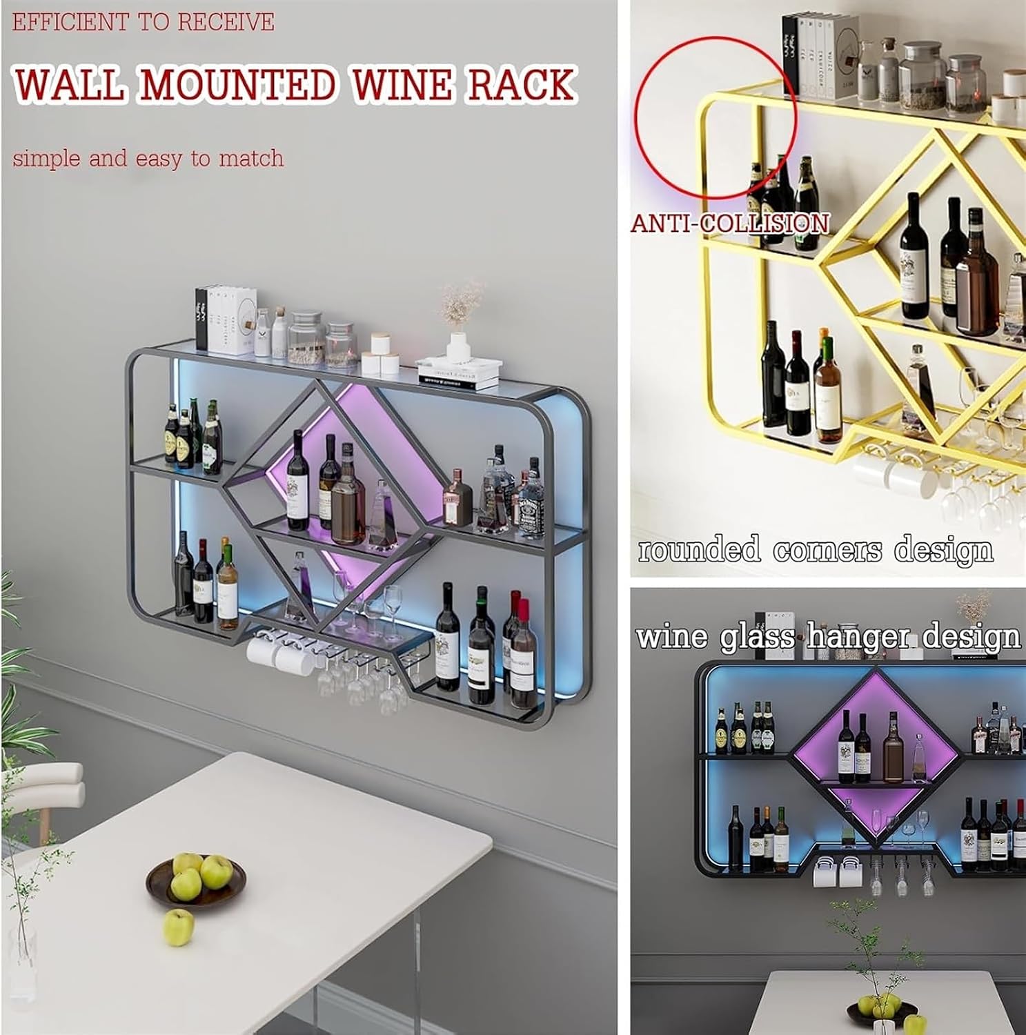 Modern Wall Mounted Wine Glass Rack with Floating Shelves for Whiskey Bottles Corner Bar Organizer and Display Shelf Black 120cm