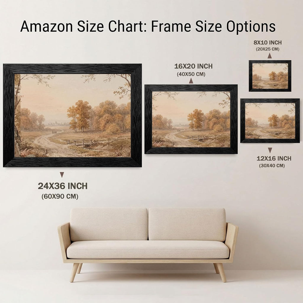 Framed Wall Art - 19th-Century Pastoral Landscape Watercolor Print in Black Frame - Autumn Forest and Nature Scene Decor for Living Room and Office - 24x36 Inch