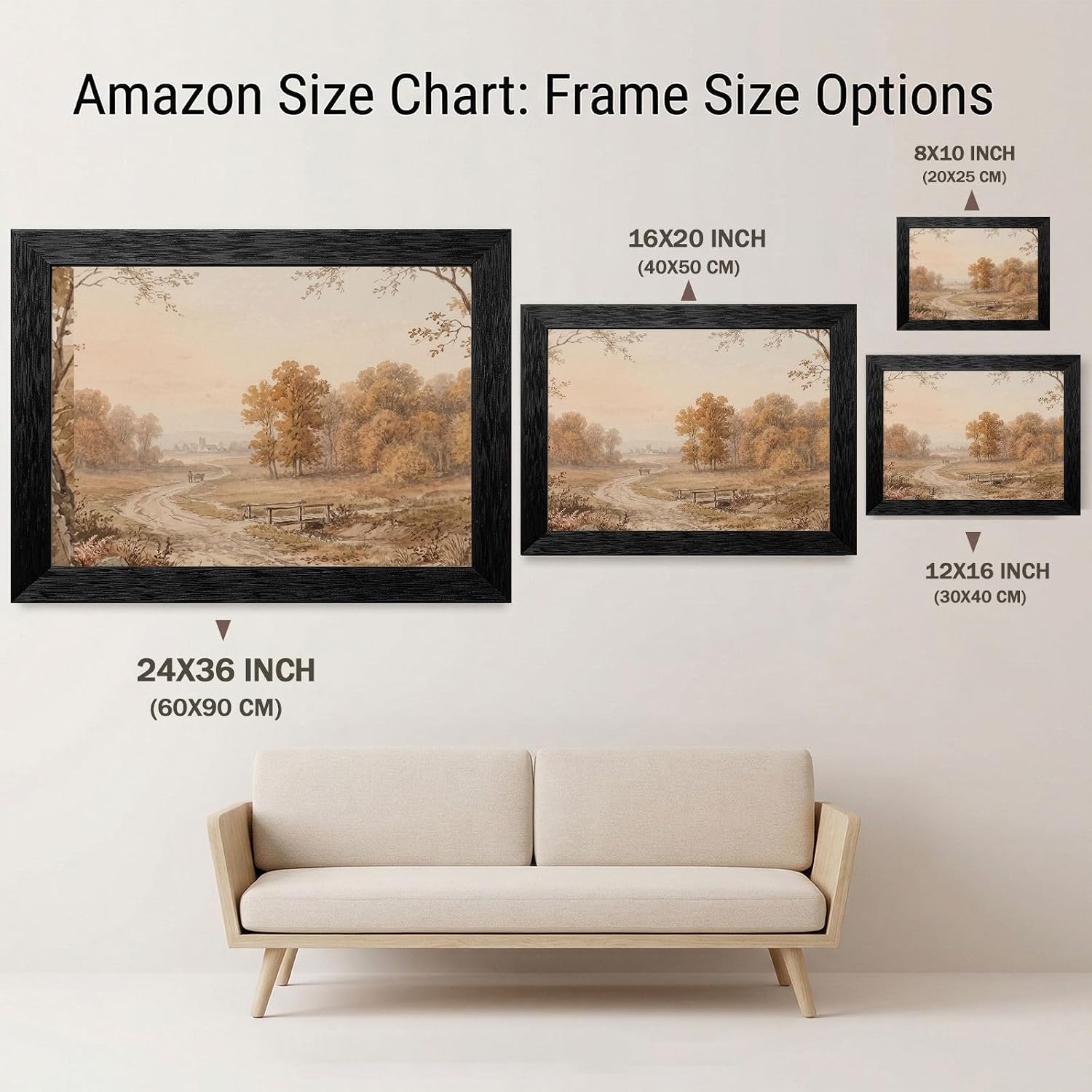 Framed Wall Art - 19th-Century Pastoral Landscape Watercolor Print in Black Frame - Autumn Forest and Nature Scene Decor for Living Room and Office - 24x36 Inch