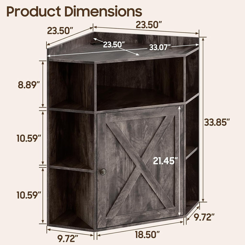 Halitaa Corner Storage Cabinet, Farmhouse Corner Bookshelf with Storage 6-Cubby Wooden Cabinet with USB Ports and Outlets Industrial Organizer for Small Space, Study, Playroom, Living Room