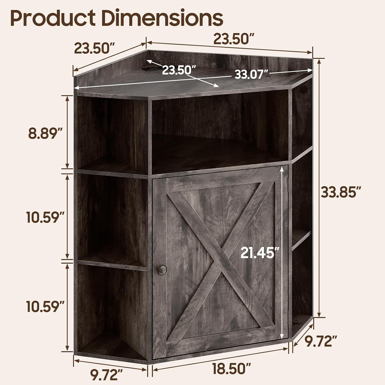 Halitaa Corner Storage Cabinet, Farmhouse Corner Bookshelf with Storage 6-Cubby Wooden Cabinet with USB Ports and Outlets Industrial Organizer for Small Space, Study, Playroom, Living Room