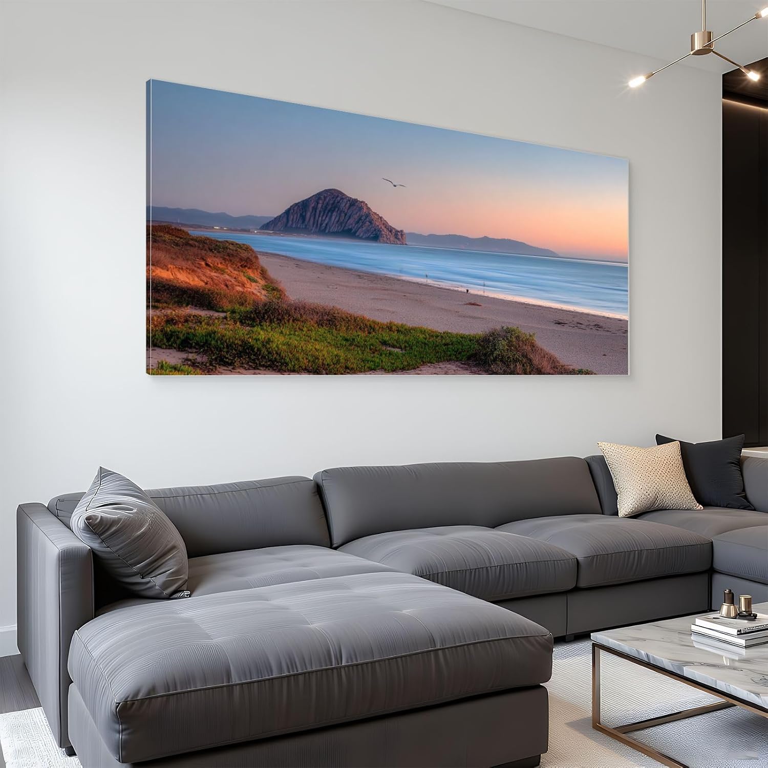 Large Canvas Wall Art 30x60in Beautiful panoramic view Morro bay Morro Rock sunset Painting for Living Room Bedroom Dining Room Wall Decor Home Decorations Aesthetic Artwork Ready To Hang