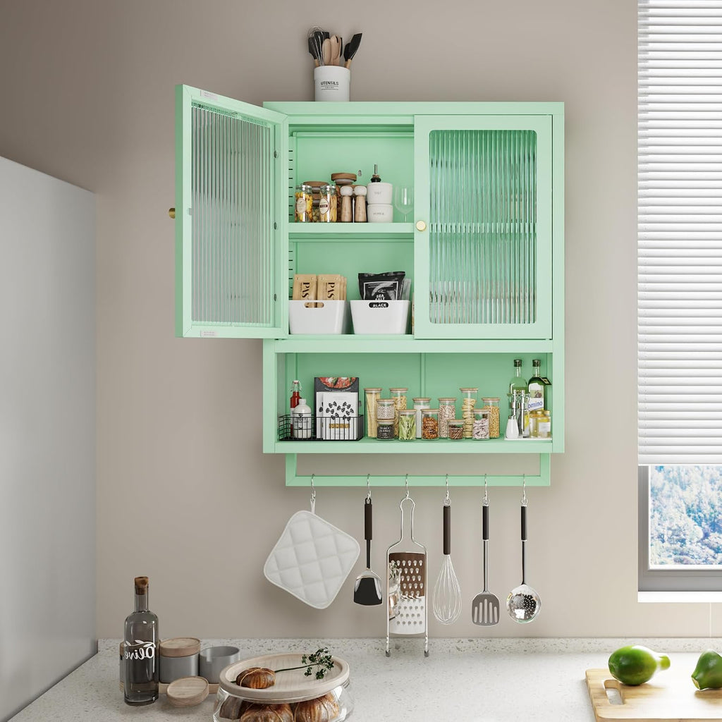Bathroom Wall Cabinet with 2 Glass Door, Bathroom Medicine Cabinet with Towels Bar and Shelves, Over The Toilet Storage Cabinet, Metal Wall Mounted Cabinet for Laundry Room Kitchen (Green)