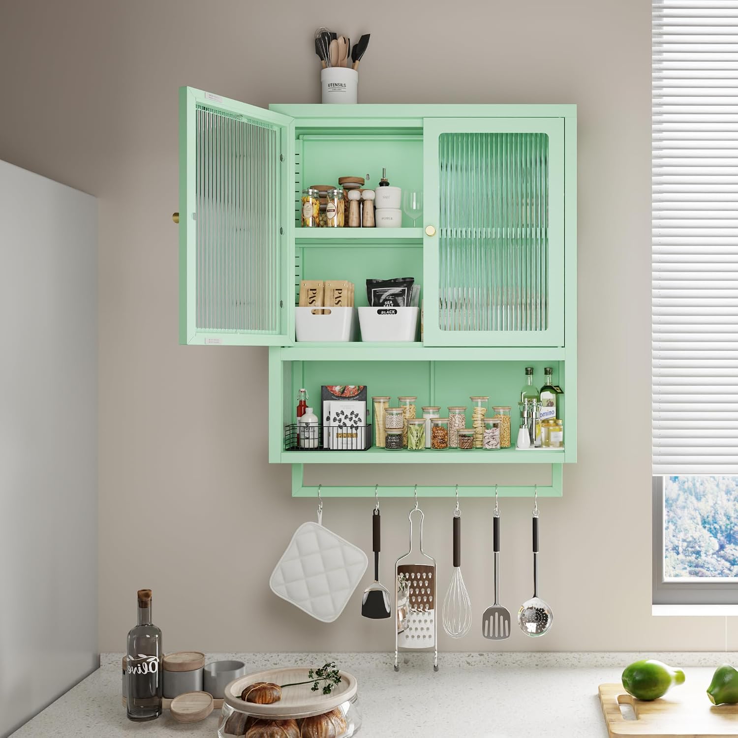 Bathroom Wall Cabinet with 2 Glass Door, Bathroom Medicine Cabinet with Towels Bar and Shelves, Over The Toilet Storage Cabinet, Metal Wall Mounted Cabinet for Laundry Room Kitchen (Green)