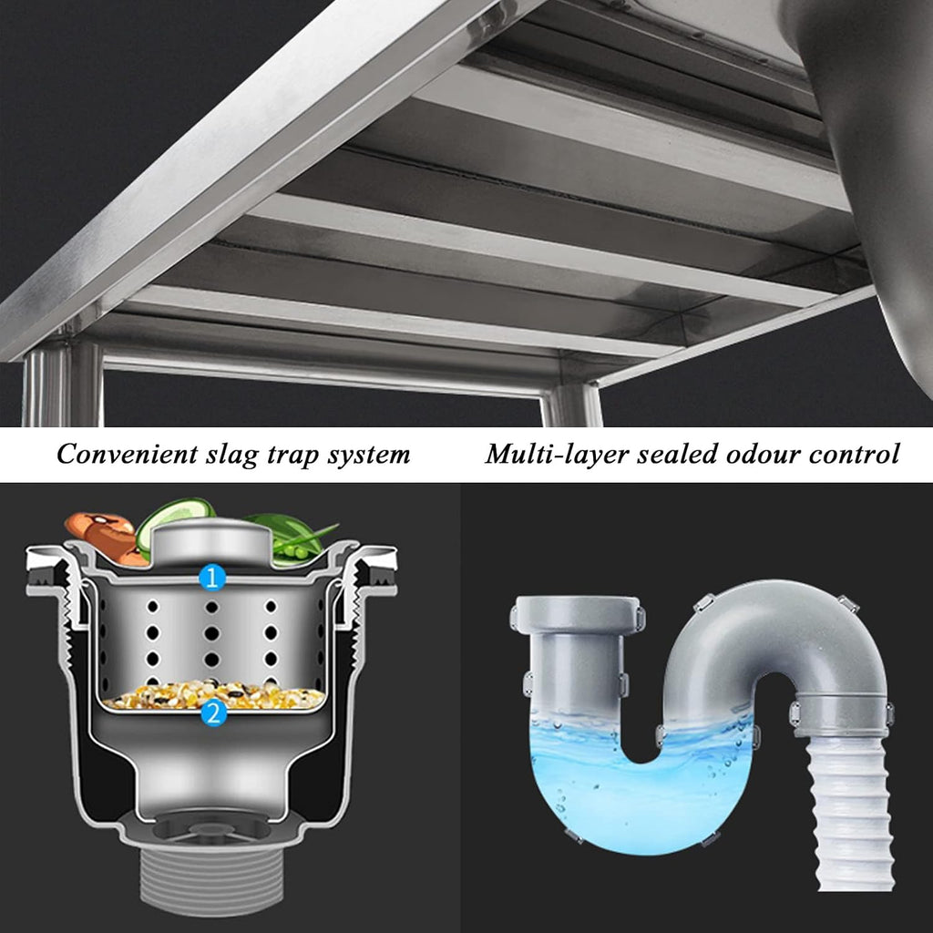 Free Standing Stainless-Steel Single Bowl Sink with Workbench, Commercial Restaurant Kitchen Sink Set with Faucet and Drainboard, Utility Washing Hand Basin