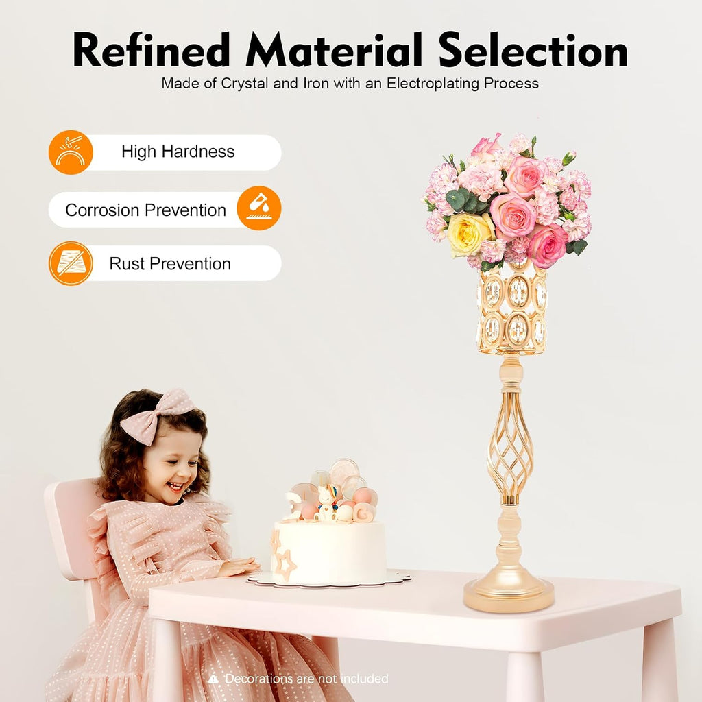 10PCS Wedding Flower Centerpieces for Tables, 61cm/24 Tall Crystal Wedding Decor Flower Stand Floral Display Rack Gold Vases for Tables Wedding Dinner Party, Ceremony Birthday Event Decor (Gold)