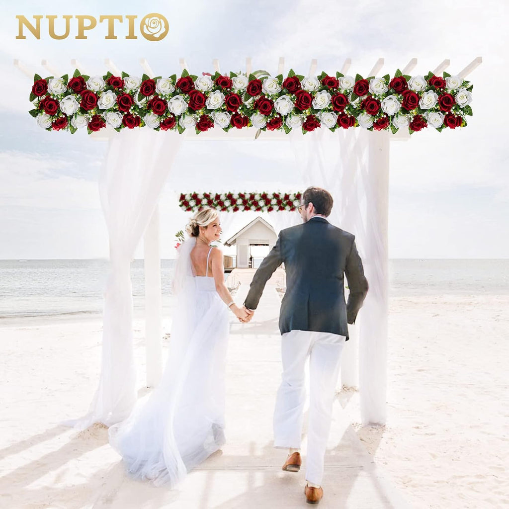 NUPTIO Flower Wedding Centerpieces for Tables - 6 Pcs 19.6in Long Burgundy & White Artificial Flower Arrangement for Dining Table Centerpiece- Fake Rose Arrangements for Weddings Birthday Party Decor