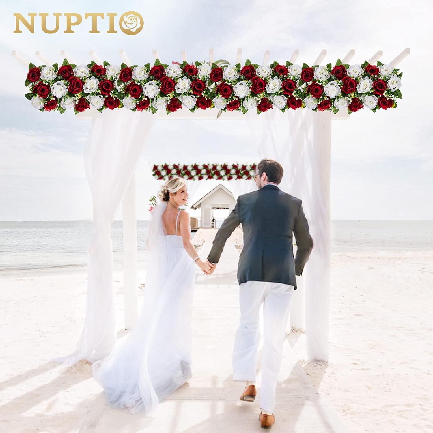 NUPTIO Flower Wedding Centerpieces for Tables - 6 Pcs 19.6in Long Burgundy & White Artificial Flower Arrangement for Dining Table Centerpiece- Fake Rose Arrangements for Weddings Birthday Party Decor