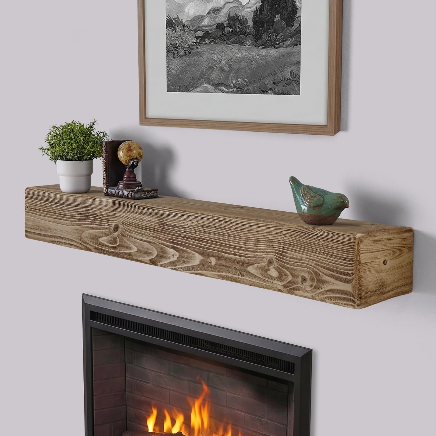 Handmade Fireplace Mantel Shelf 60', Rustic Wood Mantles for Over Fireplace, Wall Mounted Floating Mantel Shelves for Living Room Decor (Light Rustic, 60Lx6Hx8D)