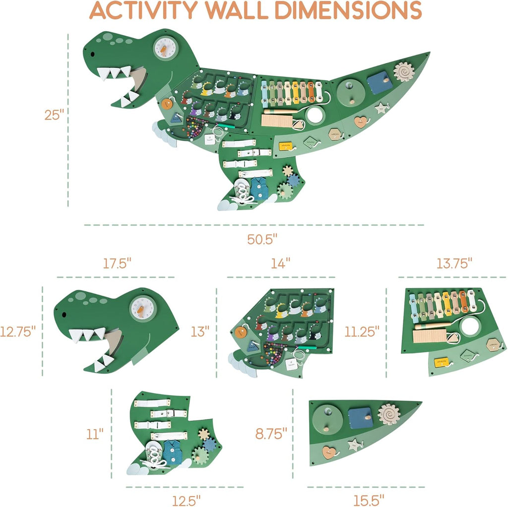 Dinosaur Activity Wall Busy Board - Wooden Sensory Wall Panel for Kids & Toddler Wall Activity - Interactive Montessori Wall Activity Board for Boys & Girls - Perfect for Playroom Daycare Waiting Room