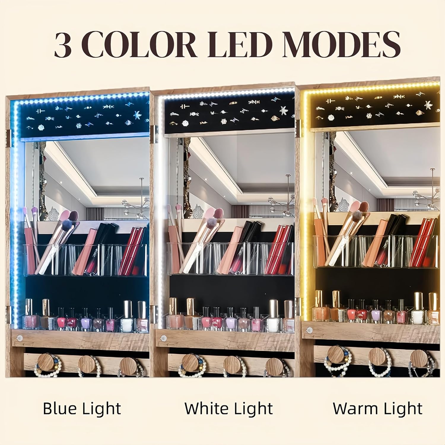 LED Lights Jewelry Cabinet, Door Hanging/Wall Mounted Jewelry Armoire, Lockable Cosmetics Organiser, Easy Assembly, Valentines Gifts