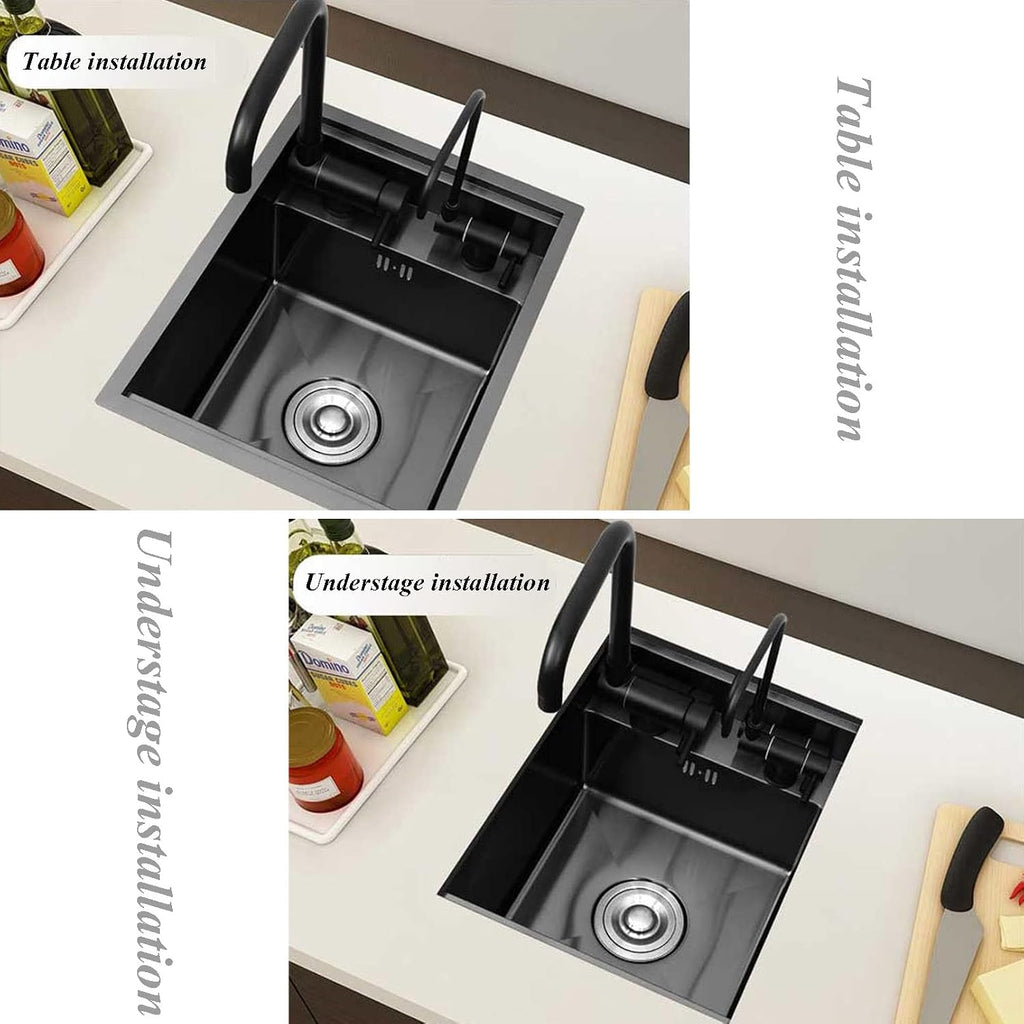 Undermount Kitchen Sink Hidden Sink with Foldable Tap and Cover, Laundry Utility Drop-in Topmount Single Bowl Sink Stainless Steel Kitchen Bathoom Sinks, Bl(Black-35x45cm